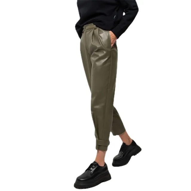 Fashion High waist Slim fit PU Leather Cropped Trousers Green - Shop at LoveMi