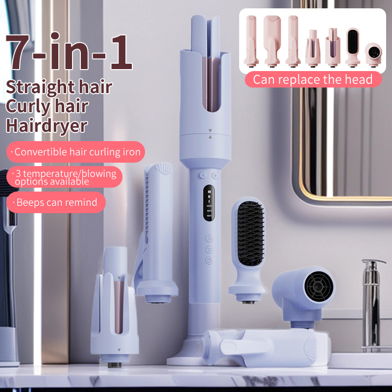 7-in-1 Automatic Curling Iron & Hair Styling Set Negative Ion, Hair-Friendly, 3 Colors Available  28,32mm Curling Barrels, Egg Roll Curler, Straightening Brush, Hair Dryer, Crimping Iron & Flat Iron