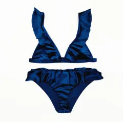 Women Ice Velvet Ruffle Bikini Sets Band - Blue - View 1