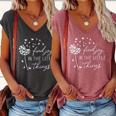 Women's 2-Piece Set V-Neck Short Sleeve T-Shirt With Sunflower & Letter Print, Casual Summer Tee - Darkgray Darkred - View 1