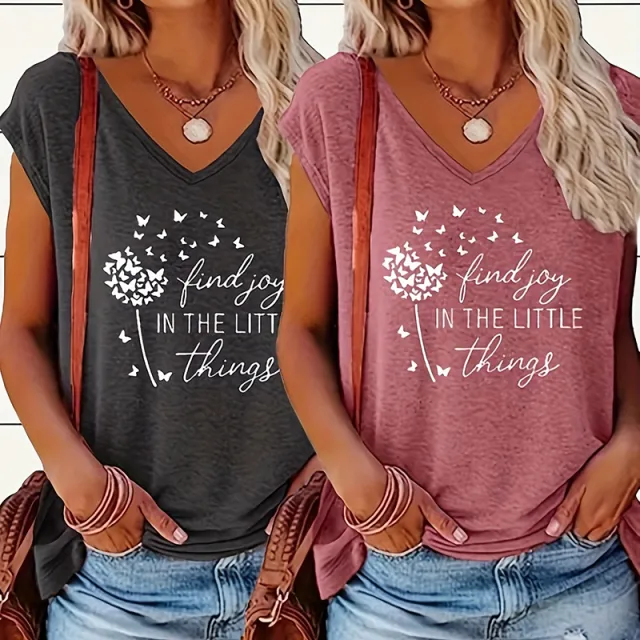 Women's 2 Piece Set V Neck Short Sleeve T Shirt With Sunflower & Letter Print, Casual Summer Tee Darkgray Darkred - Shop at LoveMi