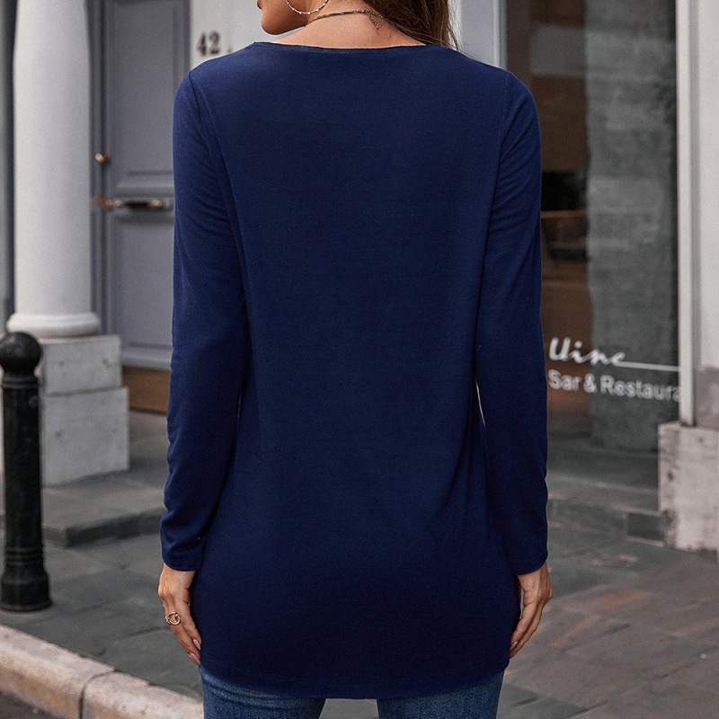 Casual Loose Long-sleeved Printing V-neck T-shirt Irregular Bottoming Shirt With Split Hem