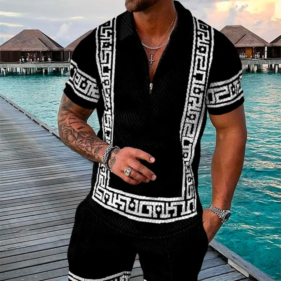 Men's Summer Fashion 3D Printed Short Sleeve Geometric Zip