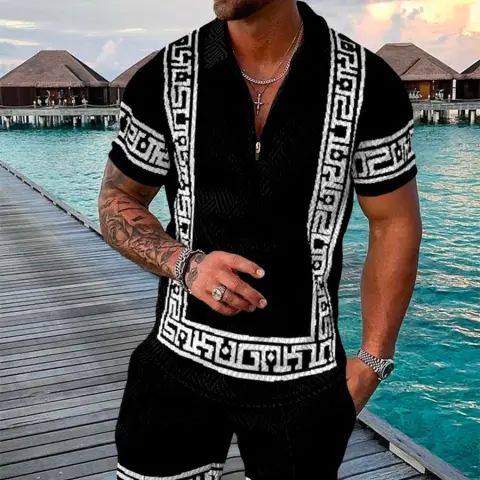 Men's Summer Fashion 3D Printed Short Sleeve Geometric Zip