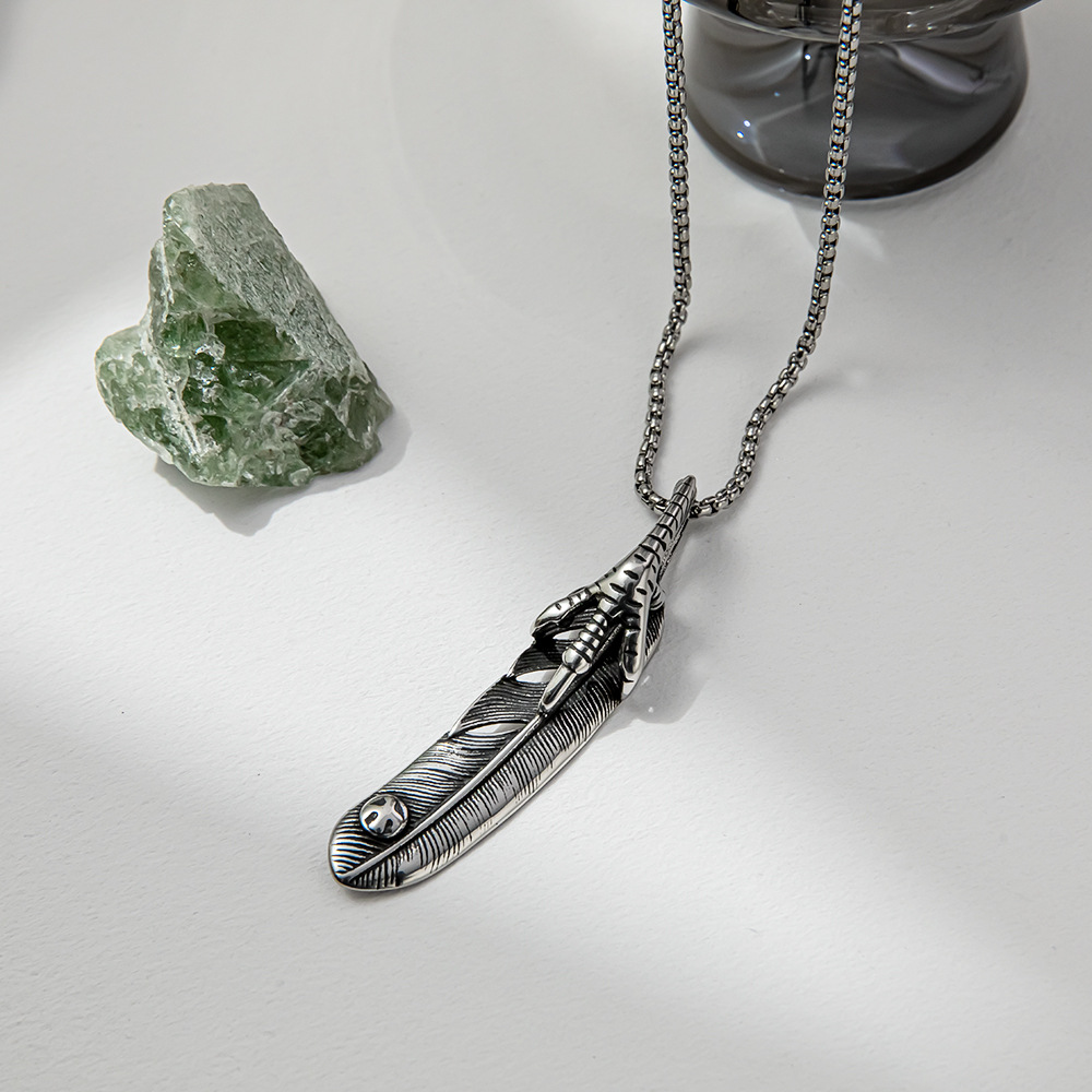 Popular Personality Retro Feather Titanium Steel Necklace For Men