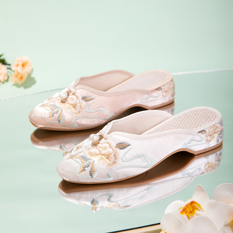 Embroidered Satin Peony Low Heel Slippers — detail view 11