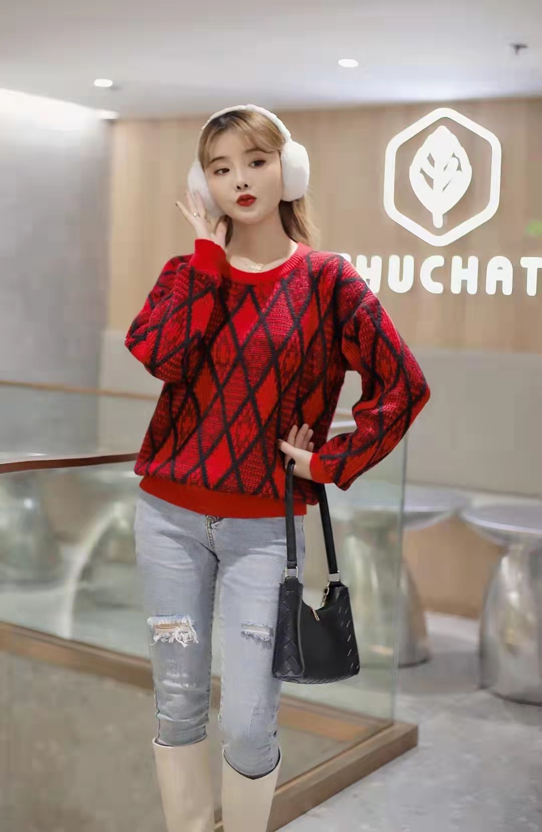 Knitted Thick Needle Top Thick Needle Round Neck Plaid Loose