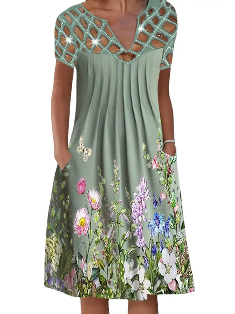 Women's Casual Print Floral Cutout V-Neck Midi Dress