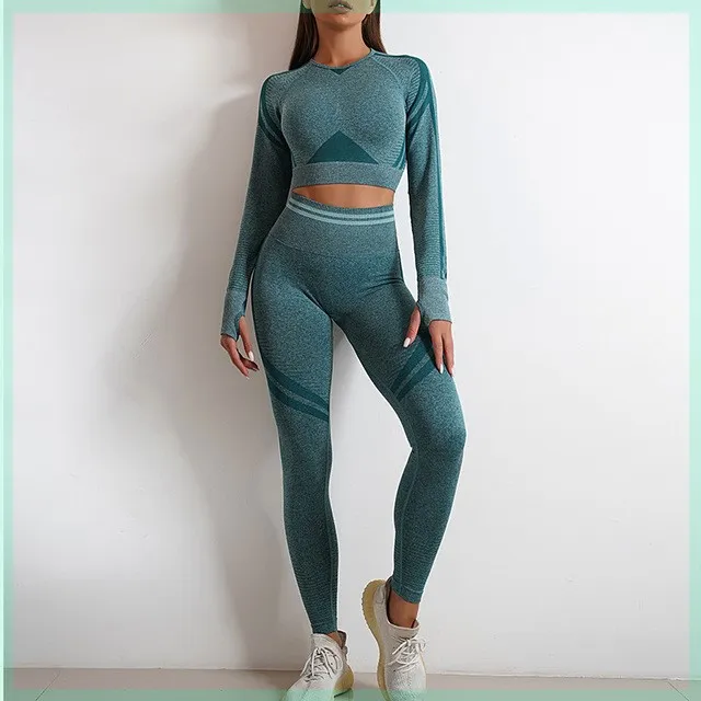 Seamless Sports Set For Women Workout Outfit Booty Yoga Pant Dark Green Suit Long - Shop at LoveMi