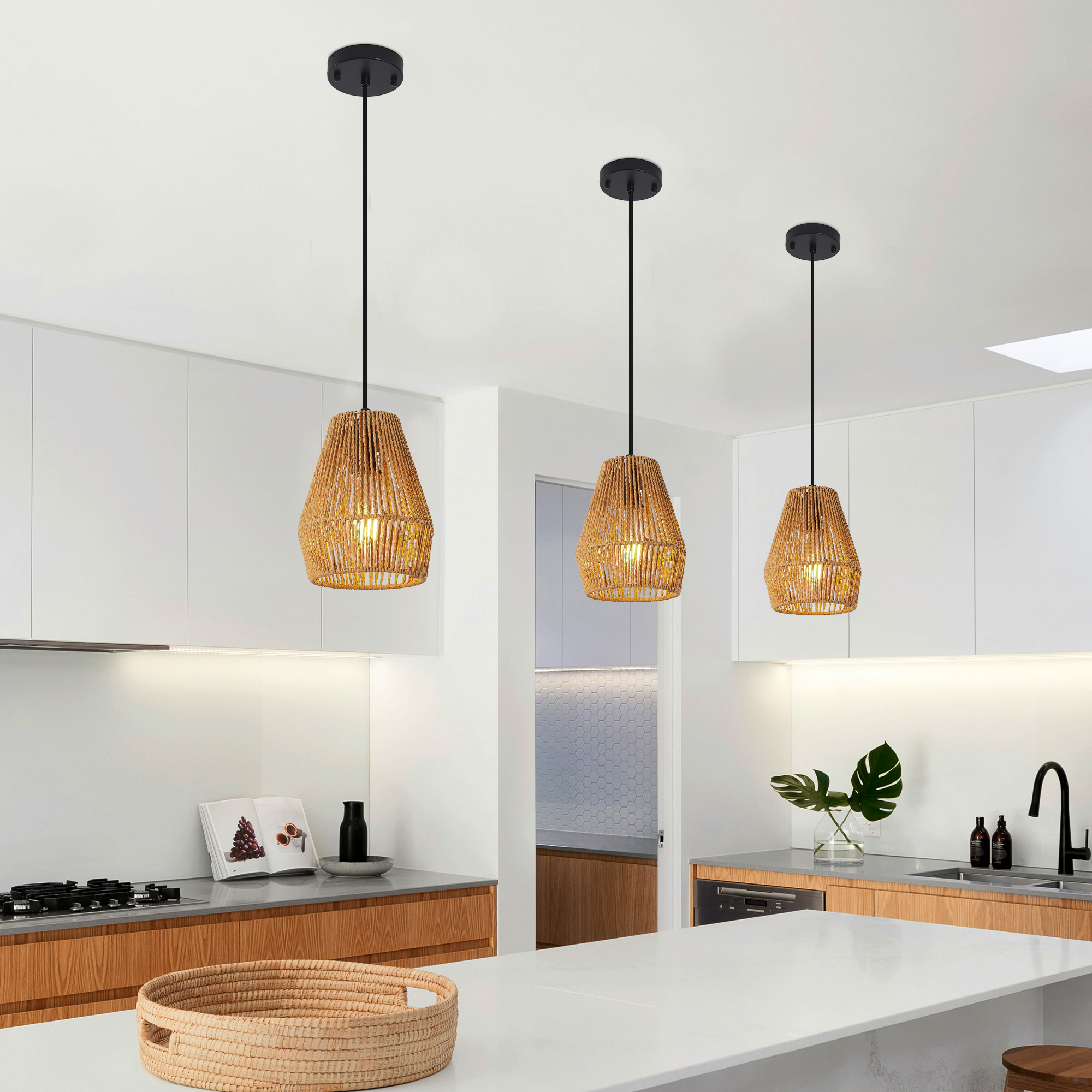 7inch Set Of 3 Rustic Hemp Rope Pendant Light, Handcrafted Farmhouse Hanging Light Fixture, Adjustable Height Ceiling Lamp For Kitchen Island, Dining Room,Or Living Room, Natural Woven Design