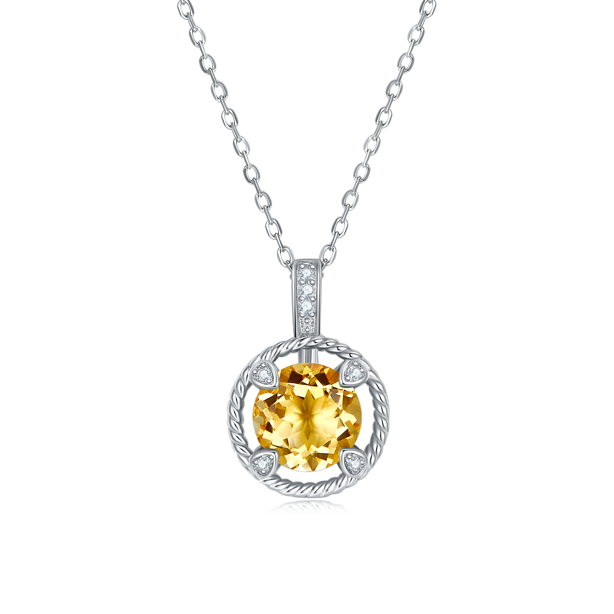 S925 Sterling Silver Necklace, 8mm Natural Citrine Round Pendant, Platinum Plated Rope Design Chain 2.6g, Elegant Women's Jewelry Gift Box