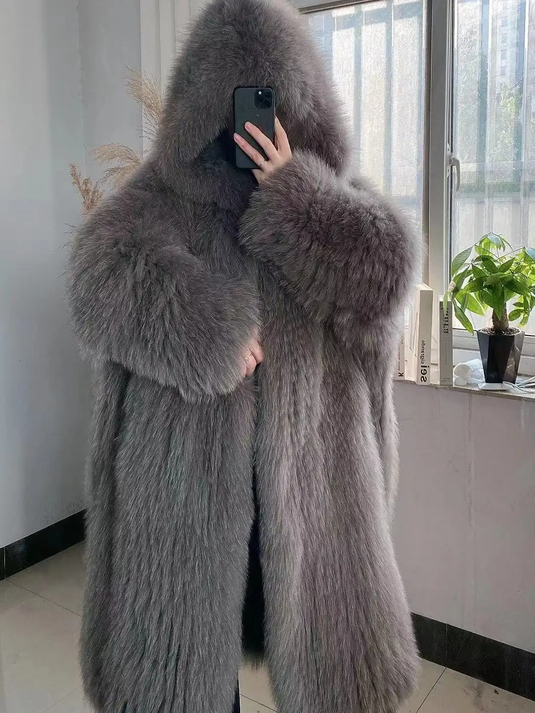 Gray Braided Fox Fur Hooded Loose Over The Knee Fur Coat