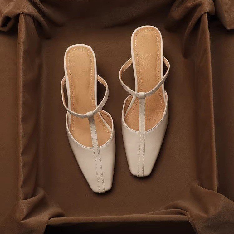 Women's French vintage square toe block heel mule sandals – T-strap – front view