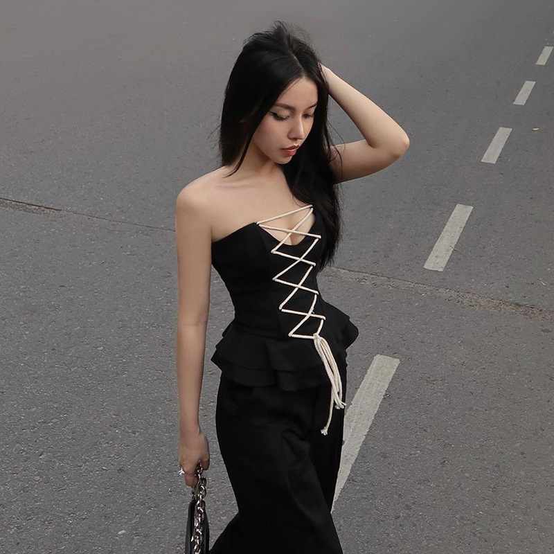 Solid Color Slim Fit Fashion Cotton String Cross Waist Girdling Band Tube Top