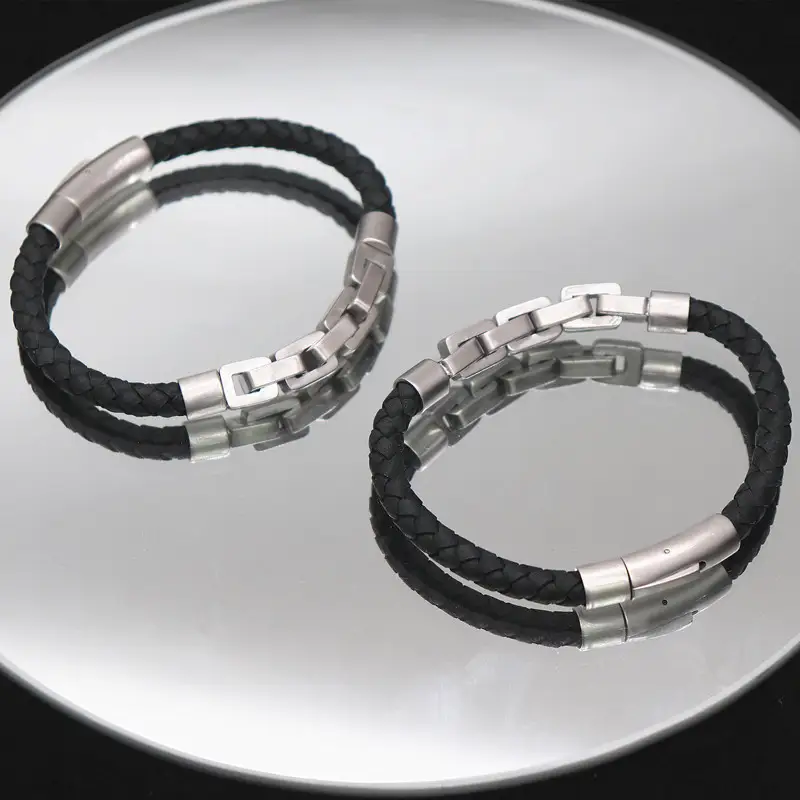 Stainless Steel Square Buckle Stitching Braided Leather Cord Bracelet