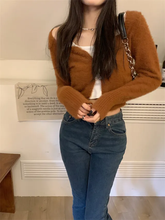 Coffee Colored Imitation Mink Velvet Knitted Cardigan For Women Deep Coffee Color - Shop at LoveMi