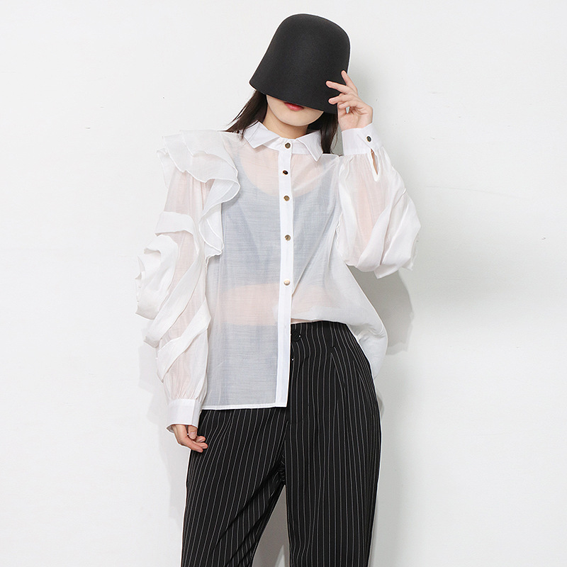 Temperament Organza Solid Color Shirt Lapel Ruffle Stitching White - Shop at LoveMi