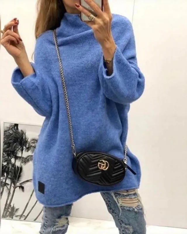 Casual Solid Color Long Sleeved Sweater For Women Royal Blue - Shop at LoveMi