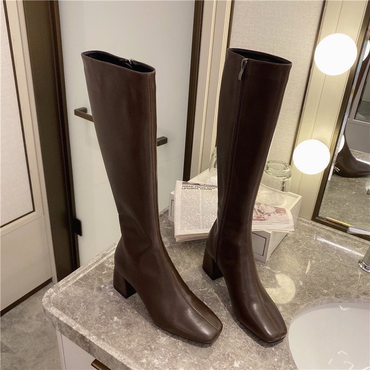 But Women's Knee Side Zipper Square Toe Boots Brown - Shop at LoveMi