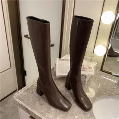 But Women's Knee Side Zipper Square Toe Boots - Brown - View 1