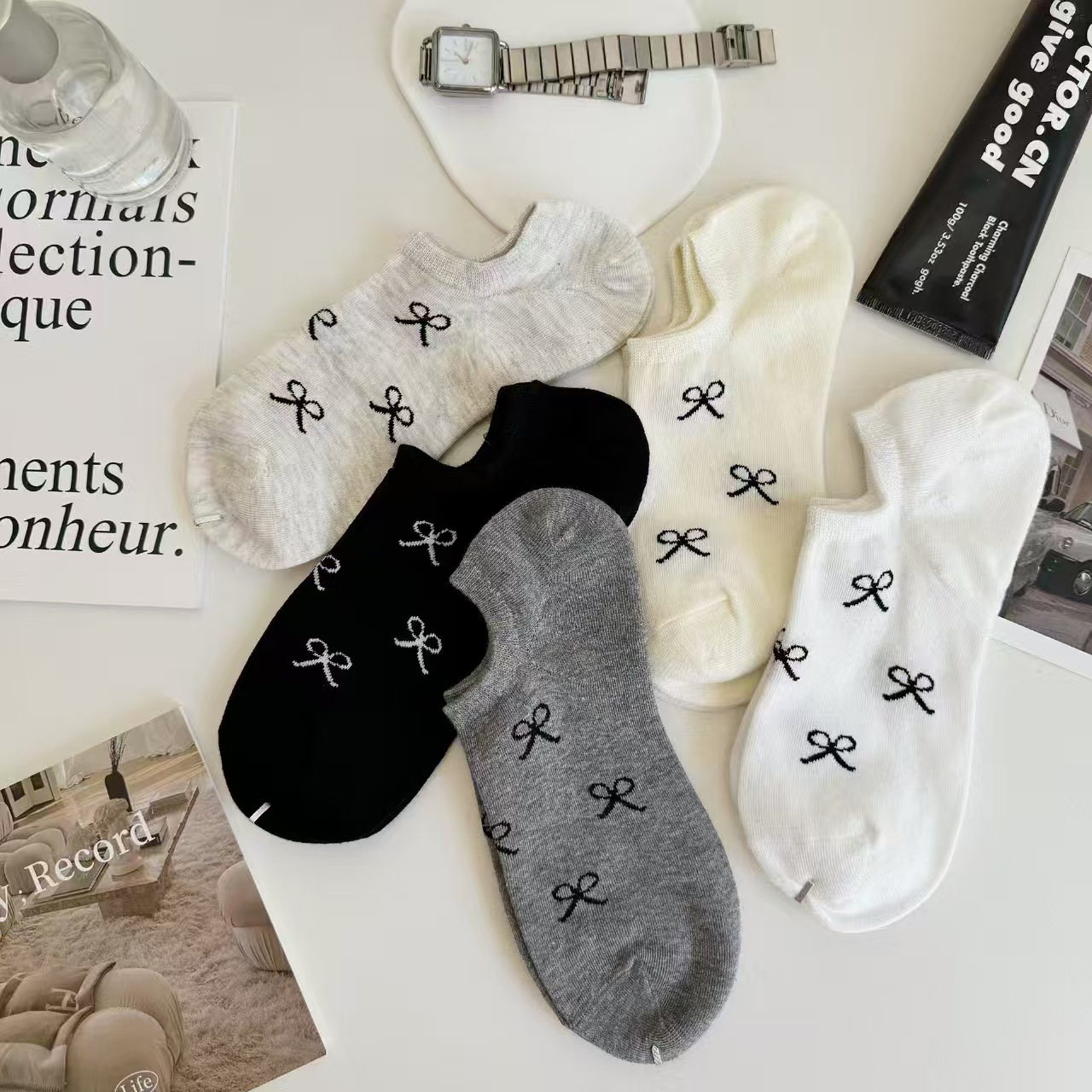 Coquette Bow Print No Show Socks, Cute Invisible Low-Cut Liner Socks, Women's Non-Slip Casual Socks For Sneakers & Preppy Style