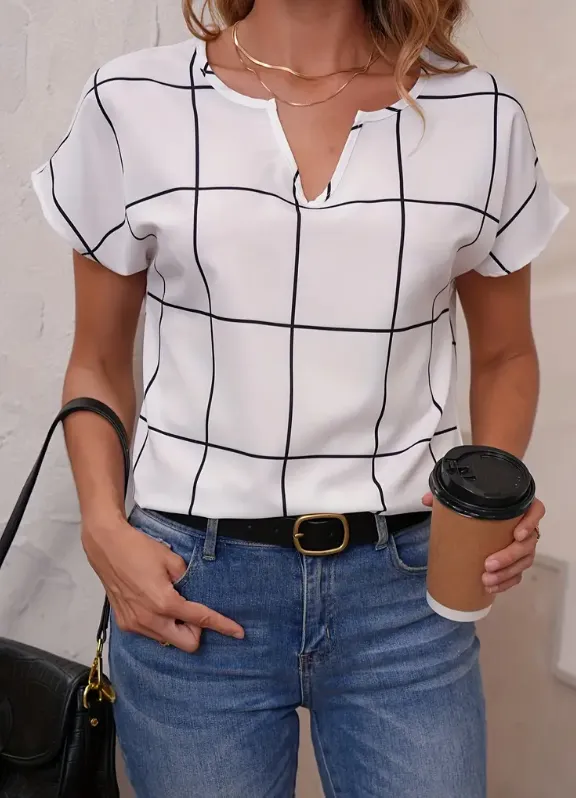 Plaid Print Notched Neck Blouse, Casual Short Sleeve Blouse For Spring & Summer, Women's Clothing White - Shop at LoveMi