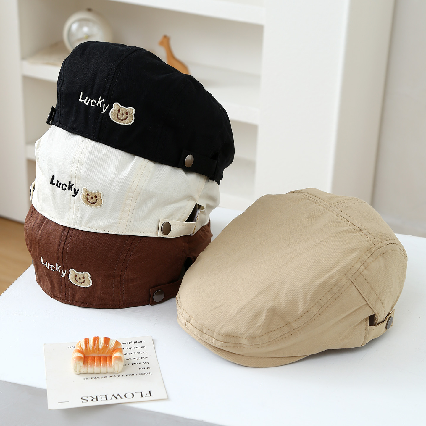 Children's Single-color Luck Cute Little Bear Embroidered Adjustable Simple Casual Beret For Shopping And Outdoor Play