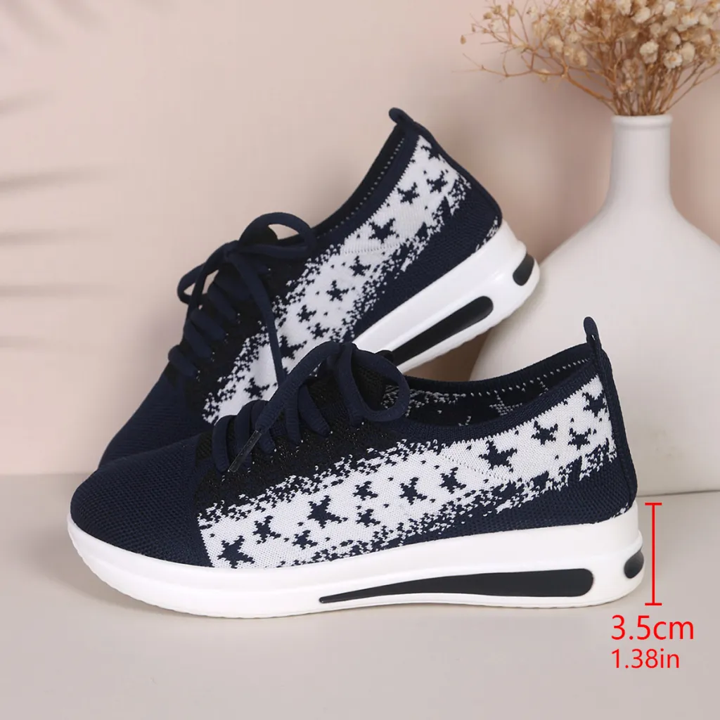 Fashion Lace-up Mesh Sneakers With Stars-printed Design Casual Thick Bottom Round Toe Flat Shoes For Women Non-slip Running Walking Sports Shoes - ...