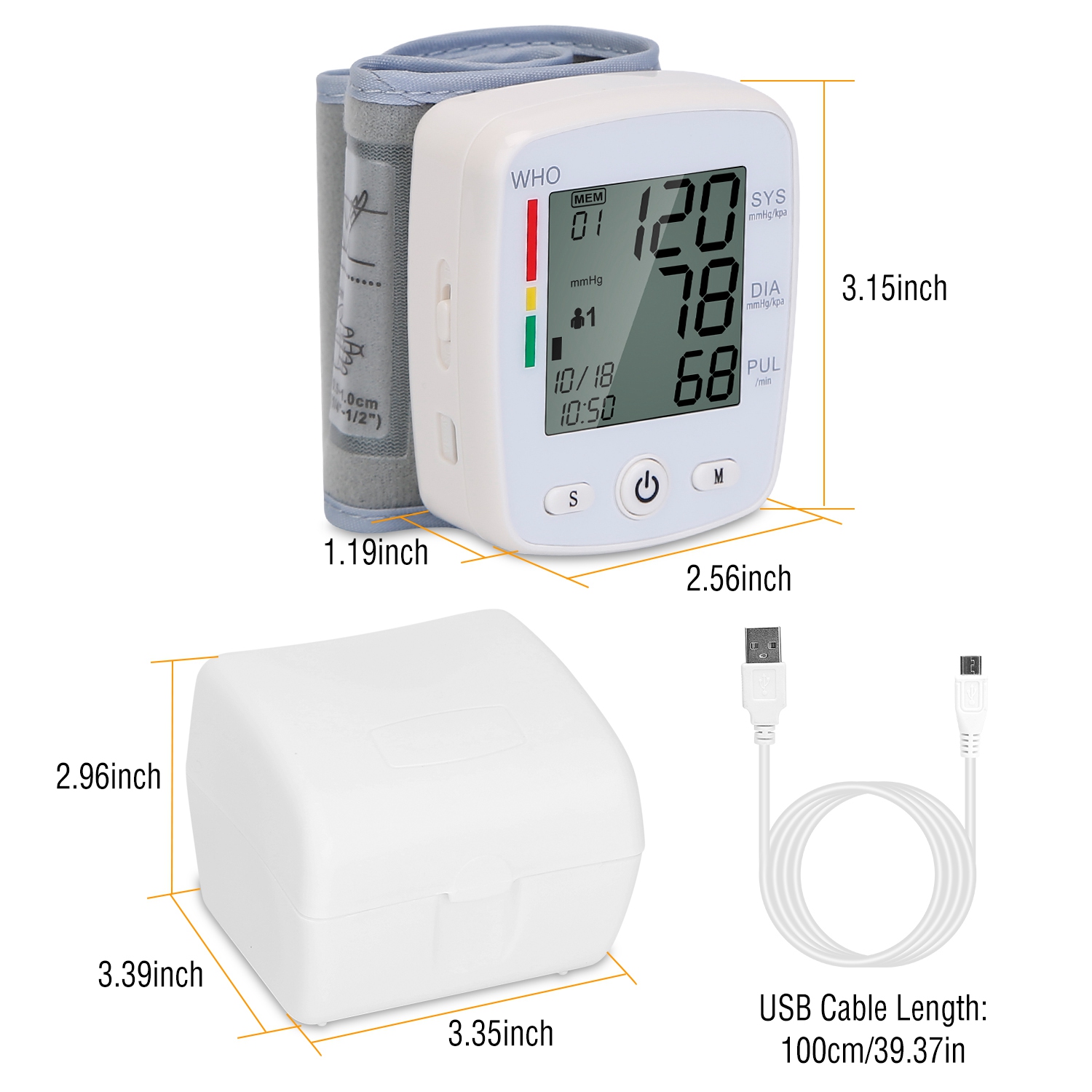1Pc Blood Pressure Monitor Wrist Digital High Blood Pressure Cuff Heartbeat Tester With 90x2 Reading Memory 2In LCD Screen Storage Box