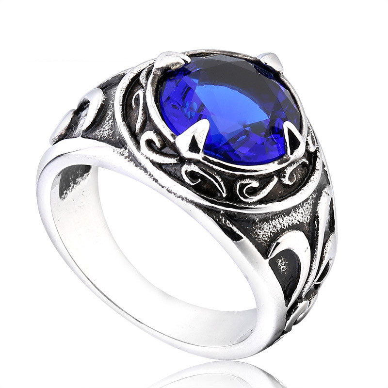 Vintage Hand Jewelry Stainless Steel Inlaid Sapphire Carved Men's Ring Personalized Titanium Steel Ring