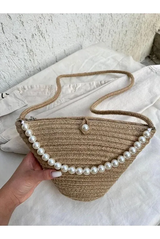 Women Jute Fabric Pearl Design Classic Shoulder Bag Elegant Daily Handbag - Shop at LoveMi