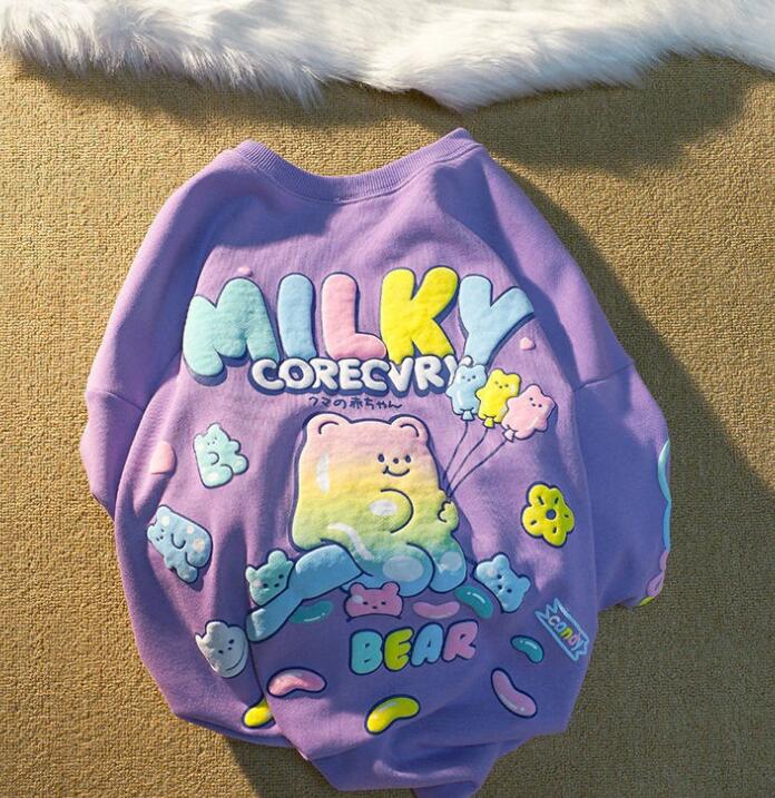 New Style Fun Loose Round Neck Sweater Cute Bear Print