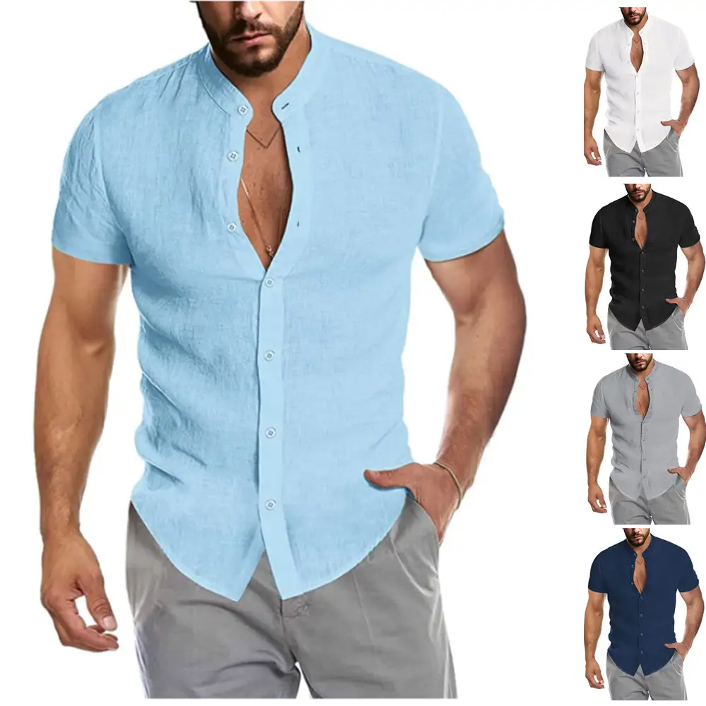 V-neck Linen Cardigan Stand-up Collar Short-sleeved Men's Shirt