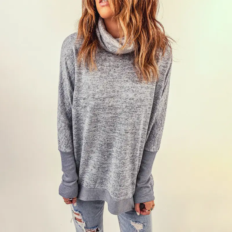 Solid Color Hoodie Women's Autumn And Winter European And American Bat Sleeve Hem Ladies Turtleneck Pullover