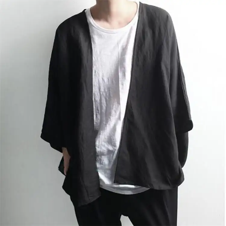 Dark Men's Linen Cropped Doll Sleeve Cardigan
