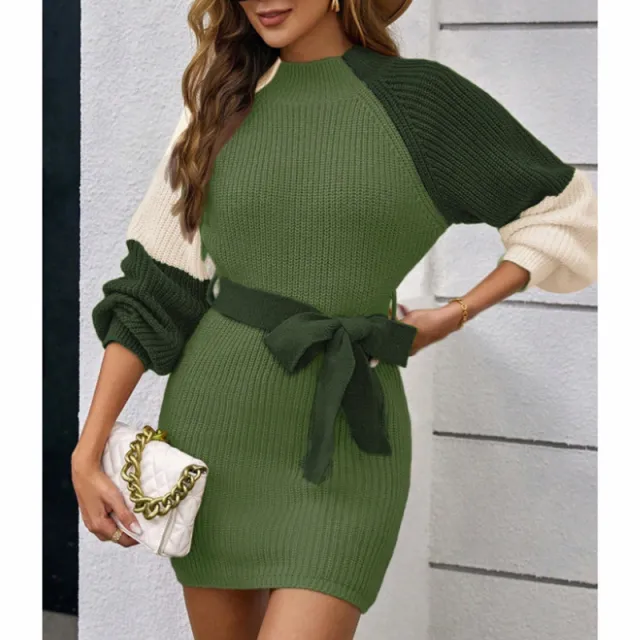 Women's Color Block Sweater Midi Dress Fall Long Sleeve Bodycon Dress With Tie Waist Green - Shop at LoveMi