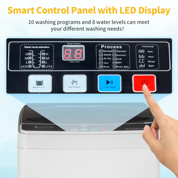 Full-Automatic Washing Machine Top Load Portable Compact Laundry Washer Spin With Drain Pump,10 Programs 8 Water Level Selections With LED Display 17.8 Lbs Capacity, Black image 26