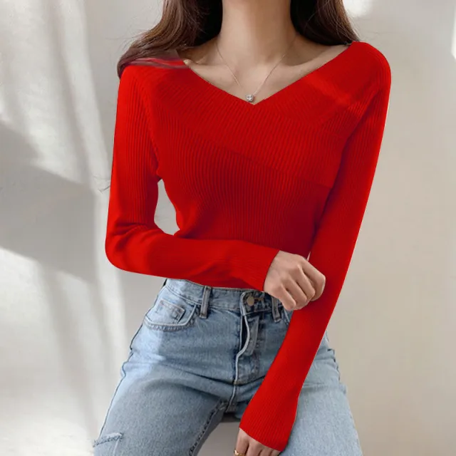 Autumn And Winter Sweater Women's Long Sleeve Top With Bottom Red - Shop at LoveMi