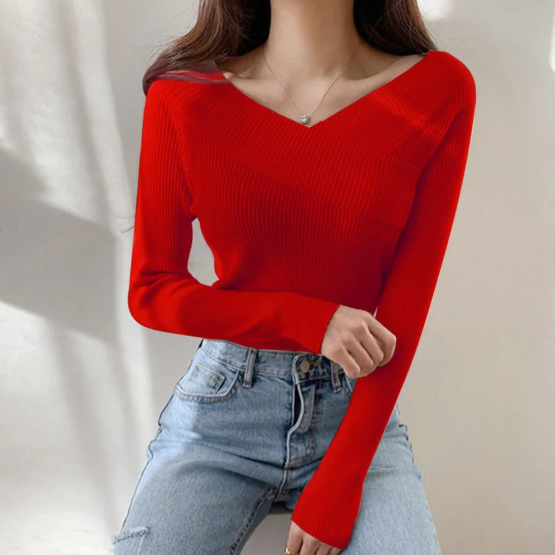 Autumn And Winter Sweater Women's Long Sleeve Top With Bottom - Red