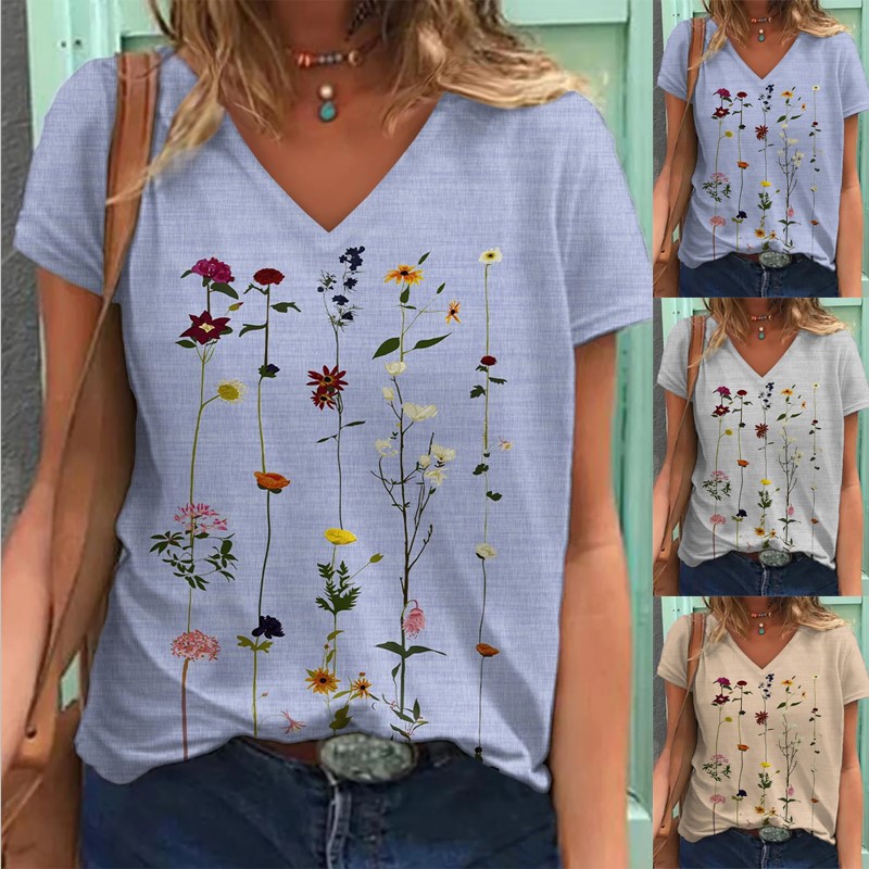 Printed Short-sleeved V-neck Loose-fit Women's T-shirt