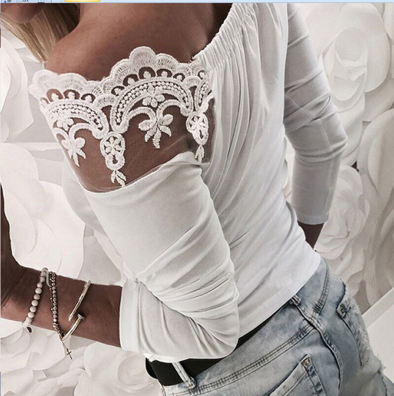 Long Sleeve T Shirt With Lace And Lace Panel