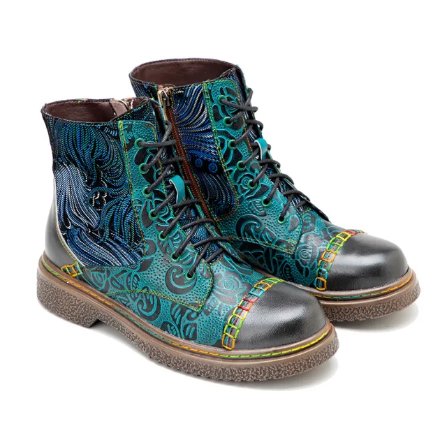New Leather Hand Painted Printed Comfortable Flat Boots Green - Shop at LoveMi