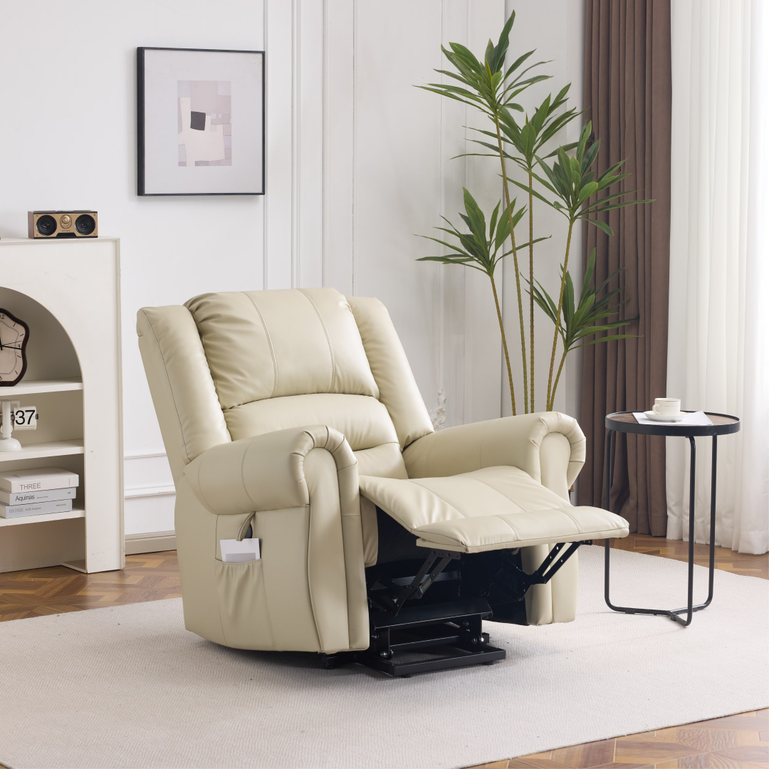 Power Lift Recliner Chair With Massage & Heat, Single Motor Lift Chair, Breathable PU Faux Leather, USB & Type-C, Side Pockets, Cream - Image 1