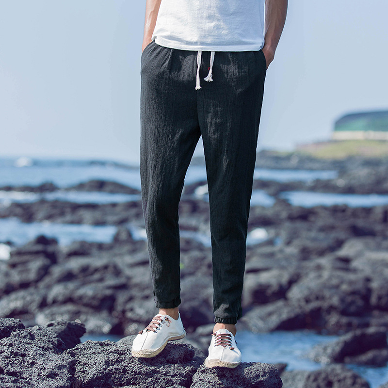 Linen Cropped Trousers Men's Pleated Loose Cotton And Linen Casual Pants