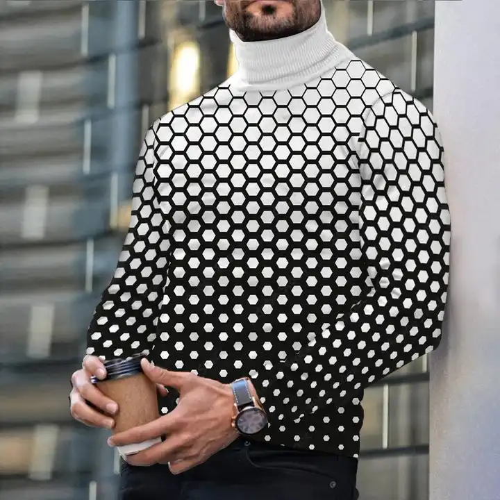 Autumn Winter Men's Long Sleeve Turtleneck T Shirt Printed Casual Top