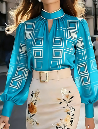 French Retro Style Stand Collar Puff Sleeve Blouse For Women