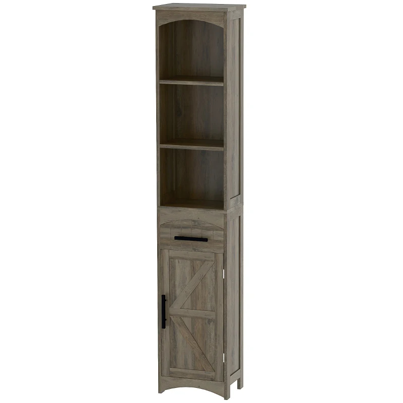 Farmhouse Tall Slim Bathroom Storage Cabinet With Recessed Drawer, Narrow Cabinet With Barn Door, Weathered Gray Oak
