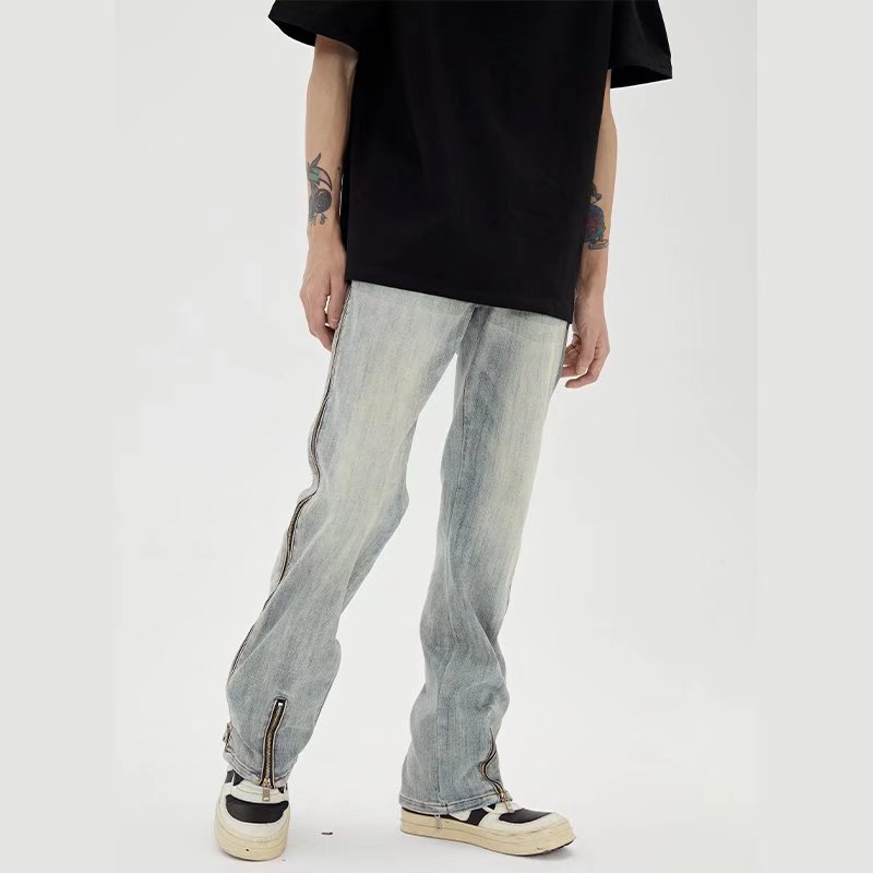 Retro Zipper Jeans Men's Summer Breasted Slit Straight