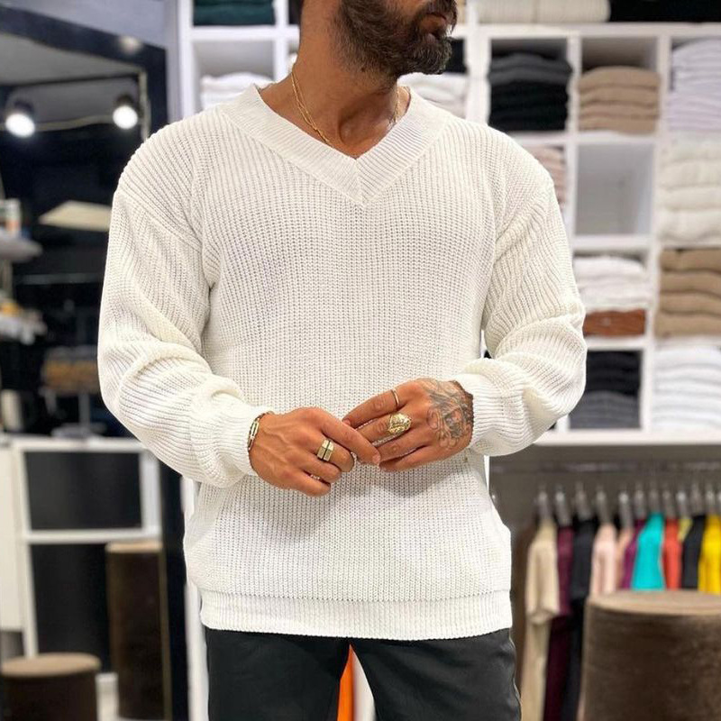 Men's Long-sleeved V-neck Solid Color Sweater