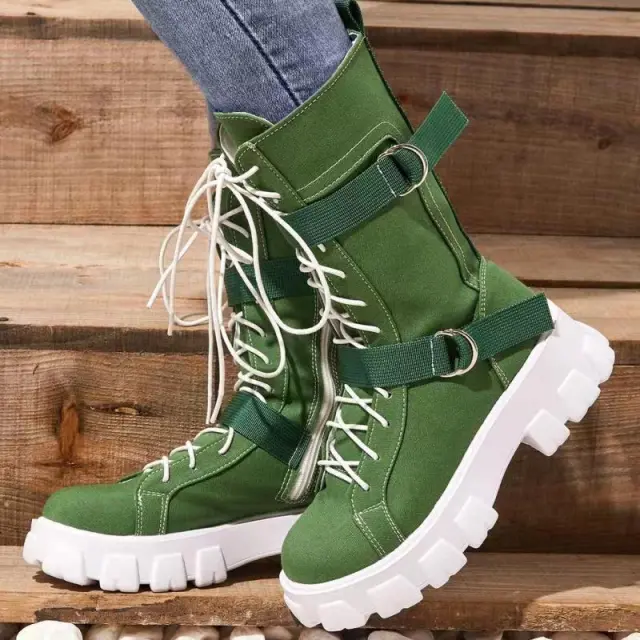 Canvas High top Solid Color Platform Casual Round Toe Lace up Motorcycle Boots Green - Shop at LoveMi